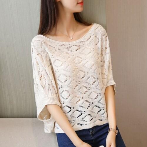 Plus Size Plain Diamond Hollow Sunscreen Shirt Half Sleeve Tops Summer Thin Knitted Translucent Women Blouse