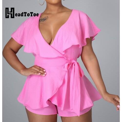 Solid Short Sleeve Sexy V Neck Backless Rompers Women Playsuit Casual Ruffles One Piece Outfits