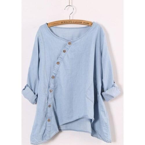 Women O Round Neck Slant Oblique Button Irregular Hem Jeans Shirt Roll Up Sleeve Wash Blue Pocket Loose Casual Denim Tops Blouse