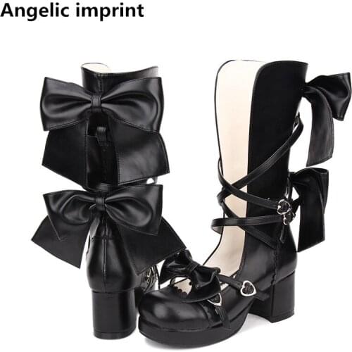 Angelic imprint mori girl Women motorcycle shoes lady high heels lolita sandals boots woman princess dress pumps bowtie 33-47