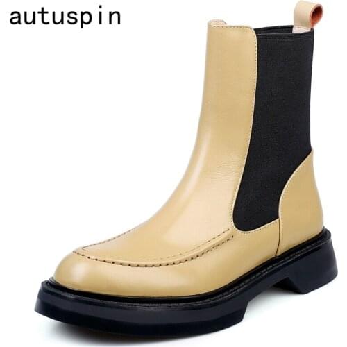 Autuspin Mixed Color Motorcycle Boots for Women Korean Fashion Cow Leather Round Toe Platform Shoes Female Elastic Band Booties