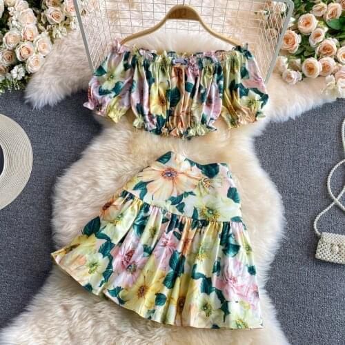 Amolapha Women Summer Beach Style Clothes Sets Slash Neck Short Sleeve Print Crop Tops+High Waist Pleated Mini Skirt Female Suit