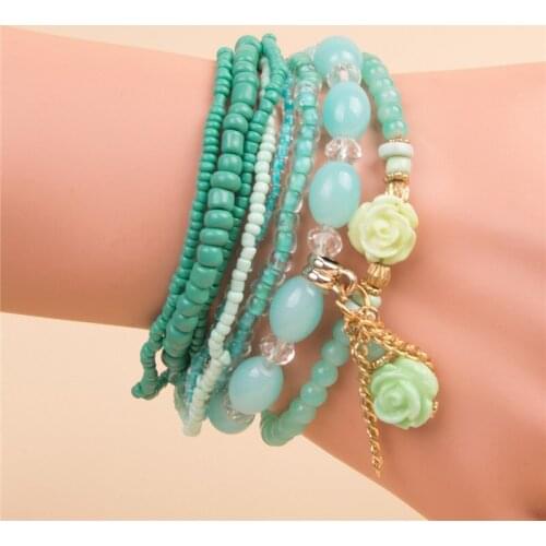 GuanLong 14 Styles Colorful Bohemian Charm Bracelets Bangles Set For Women Vintage Tassel Multi-layer Seed Beaded Bracelet Gift