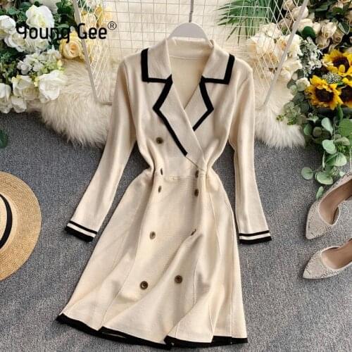 Young Gee Sexy Women Knitted Dress Autumn Long Sleeve Slim Sweater Winter Elegant Office Lady Apricot Red Black Mini Dresses