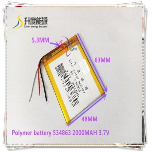 3.7V 2000mAH 534863 Polymer lithium ion / Li-ion battery for power bank GPS dvr mp3 mp4 cell phone speaker