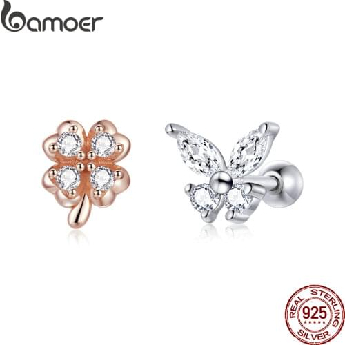 BAMOER Silver Lucky Grass Butterfly Earrings 925 Sterling Silver Four-Leaf Clover Earring Gift For Women Fine Jewelry SCE1008
