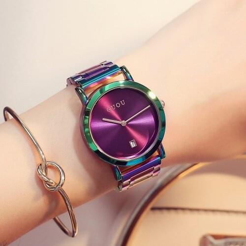 Fashion Guou Luxury Womens Watches Stainless Steel Colorful Straps Purple Women Watches Ladies Watch Reloj Mujer Zegarek Damski