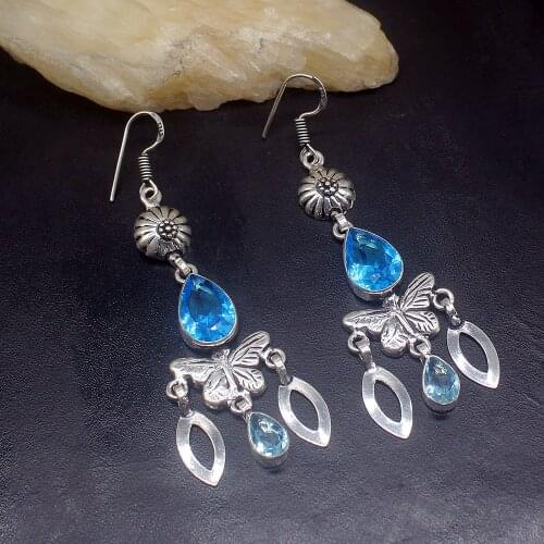 Gemstonefactory Big Promotion Single Unique 925 Silver Handmade Blue Topaz Women Ladies Gift Dangle Drop Earrings 20211808