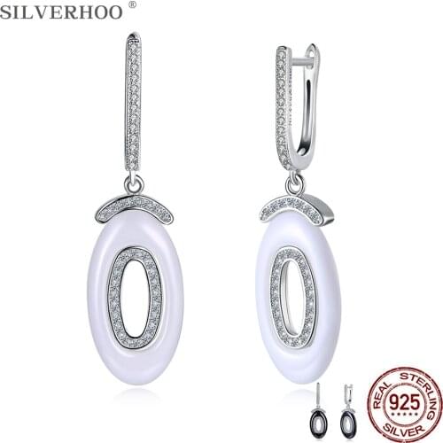 SILVERHOO 925 Sterling Silver Earrings For Women Oval Letter O Shape Cubic Zirconia Ceramics Drop Earring Fine Party Jewelry