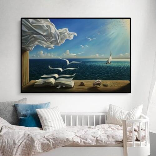 Salvador Dali The Waves Book Sailboat Canvas Painting Posters and Prints Cuadros Wall Art Pictures for Living Room Home Decor