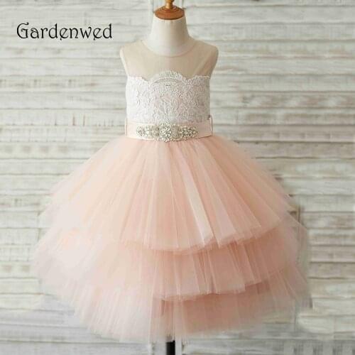 Gardenwed Knee Length Rose Pink Flower Girl Dress 2020 Lace Crystals Ribbon Birthday First Communion Dresses For Girls