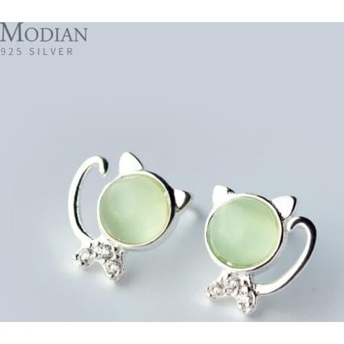 Modian Lucky Cat Stud Earrings for Wonen 925 Sterling Silver Green Crystal Jewelry Luxury Gifts Anti-allergic Ear Stud for Kids