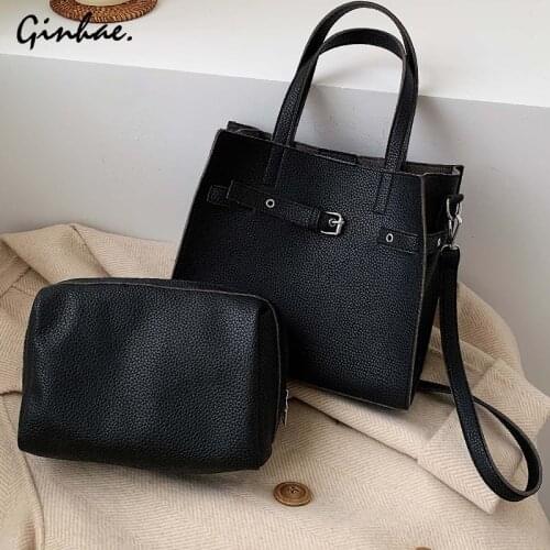 Fashion Leather 2Pcs Set Composite Bag PU Litchi Top Handle Bag For Women Handbag Famous Brand Ladies Simple Solid Shoulder Bags