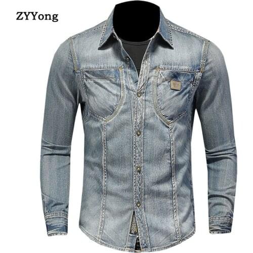 ZYYong New Fashion Lapel Long Sleeve Mens Denim Shirt Retro Slim Blue Motorcycle Style Mens Shirt Mens Long Sleeve Thin Coat