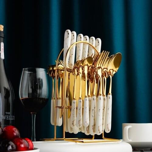 Cutlery Set 24pcs Stainless Steel Dinnerware Ceramic Handle Knife Fork Spoon Tableware Kit with Storage Rack Dishwasher Safe