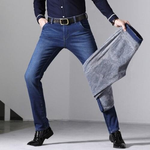 Slim Fit Thick Pants Fashion Trousers Male Brand 2021 Winter New Mens Warm Blue Black Slim Jeans Classic Style Stretch