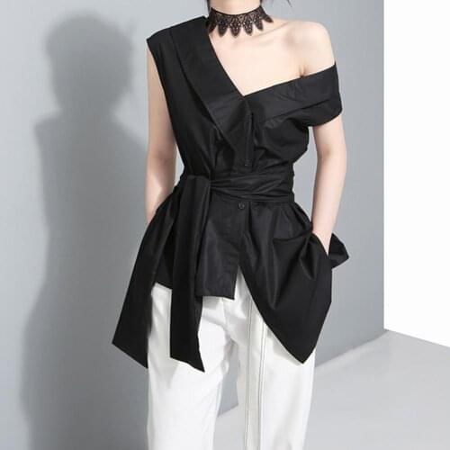 Office Lady Solid Color Sleeveless One Shoulder Bowknot Irregular Hem Blouse Fashion Female Shirt Women Shirt