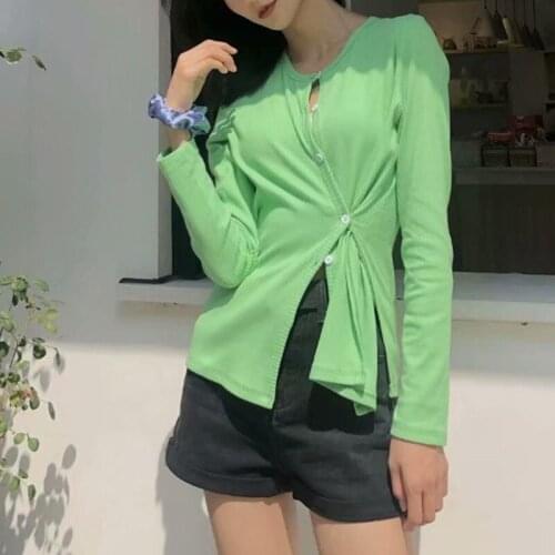 Autumn New Womens Split Buckle Full Sleeve Cardigan Irregular Design Slim Top Knitting Sweater Girl Female S427