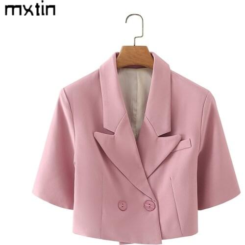 MXTIN 2021 Women Summer Fashion Pink Double Breasted Jacket Coat Vintage Short Sleeve Pockets Office Lady Female Short Outerwear