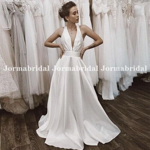 Sexy Pleats V Neck Beach Wedding Dress White Satin Crisscross Back Cheapest A-Line Russia Boho Bridal Dresses Vestido De Saten