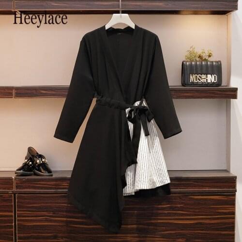 XL-5XL Plus Size Women Elegant Warp Dress Autumn 2019 Fashion V-neck Long Sleeve Patchwork Striped Asymmetrical Ladies Dresses
