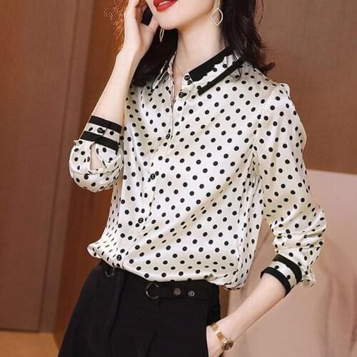 2021 Spring Fall Office Lady Women Polka Dot Imitation Silk Patchwork Top Blouse , Slim Tops Blouses for Woman Clothes