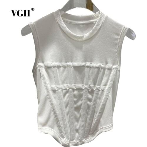 VGH Casual White T Shirt For Women O Neck Sleeveless Patchwork Buckle Korean Slim T Shirts Female Summer Fashion Clothing 2021