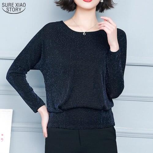 Fashion New Elegant Knitted Blouse Plus Size Glitter Shirt Tops Tunic Women Classic Black Blue Shine Women Clothing Blusas 15774