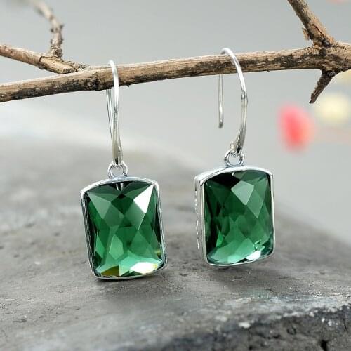 S925 silver inlaid female square cut face, Thai silver green crystal earrings silver jewelry earrings wholesale Earrings