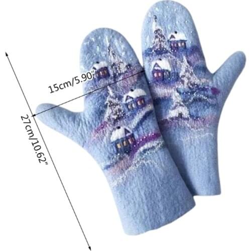 Women Winter Faux Cashmere Full Finger Gloves Christmas Landscape Houses Tree Print Thicken Warm Outdoor Windproof Thermal