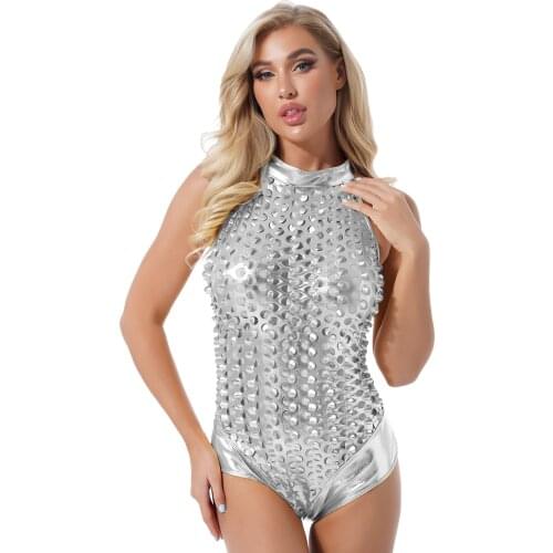 Womens Shiny Metallic Romper Jumpsuit Mock Neck Sleeveless Zipper Back Leotard Catsuit Patent Leather Hollow Out Skinny Bodysuit