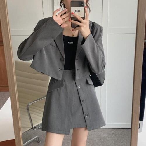Vintage Blazer Sets Female Autumn Two Piece Set Women Skirt Long Sleeve Suit Jacket High Waist Mini Skirt Suits 2 Pieces Outfits