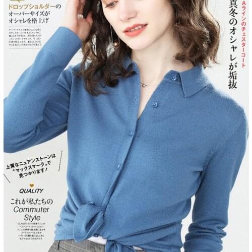 Vintage Autumn Spring Woman Knitted Sweater Solid Polo Collar Female Cardigans Long Sleeve Ladies Jumper with Buttons for Women