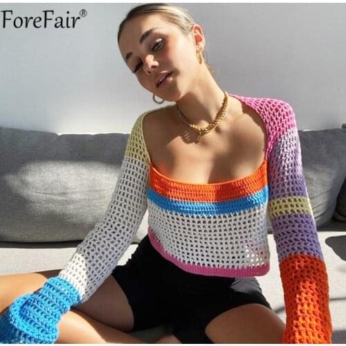 Forefair Autumn Long Sleeve Knitted Crop Top Y2k Summer Fashion 2021 Beach Patchwork Fashion Vintage Casual Sexy Green T Shirts