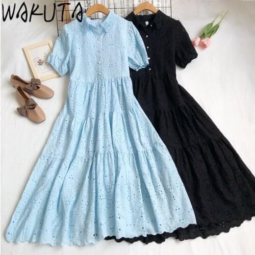 WAKUTA Sweet Preppy Hook Floral Hollow Long Dress Women 2021 Summer All Match Solid College Vestidos Japan Korean Chic Elegant