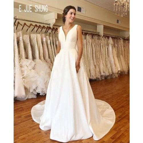 E JUE SHUNG White Long Wedding Dresses V Neck Backless With Pockets A Line Wedding Bridal Gowns Custom Made vestido de noiva