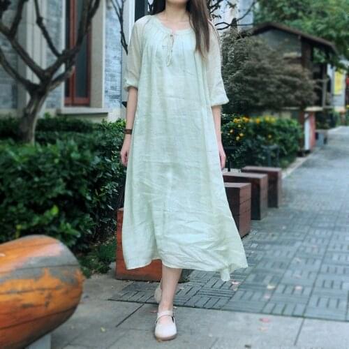 Women Loose Ramie Dress Ladies Vintage Summer Ramie Dresses Female 2021 Dress