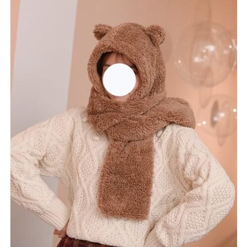 Winter Solid Warm Neck Scarf Women Cute Bear Ears Plush Scarfs Female Kawaii Double-deck Warm Hat Shawl Gift for Girl White