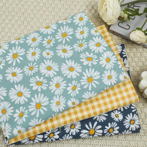 160x49cm Fresh Blue Floral Yellow Lattice Twill Cotton Sewing Fabric, Making Clothes Bedding Home Decoration Cloth