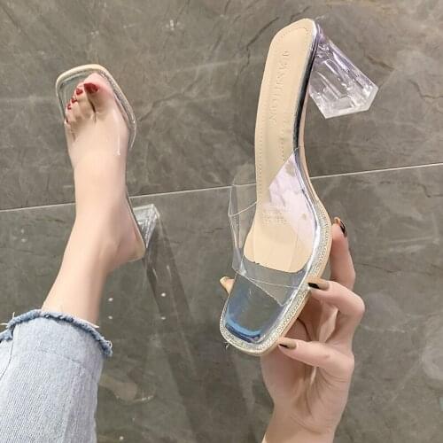 2021 INS Summer Elegant Women Silver 7cm High Heels Slippers Square Toe Transparent Clear Heels Slides Mules Party Jelly Shoes