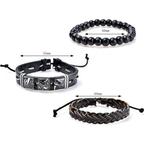 3Pcs Adjustable Faux Leather Braid Bracelets Mens Beads Bangle Bracelet Jewelry