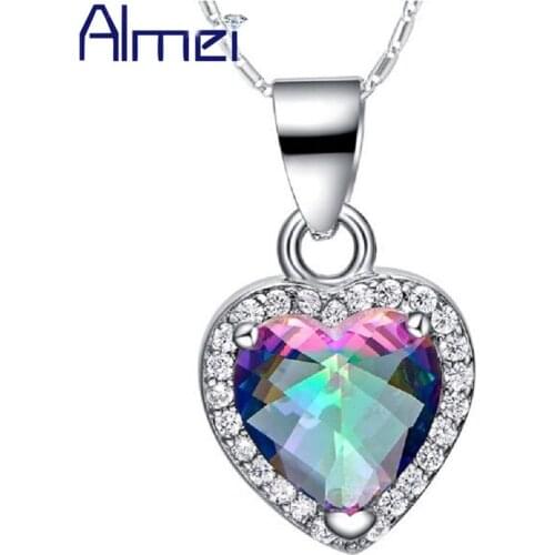 Almei Red/Blue/Pink/Purple Rainbow Zircon Heart Choker Necklaces & Pendants Women Wedding Silver Color Jewelry Free Chian N383
