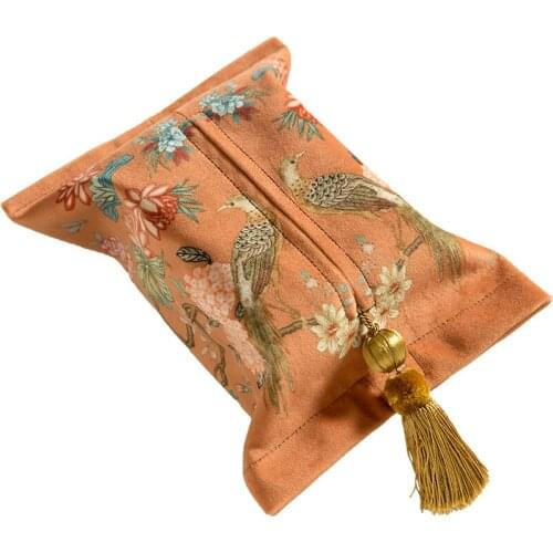 China Traditional Bird Flower Painting Tissue Holder Cover With Tassel Light Luxury Soft Velvet Lucky Design Napkin Storage
