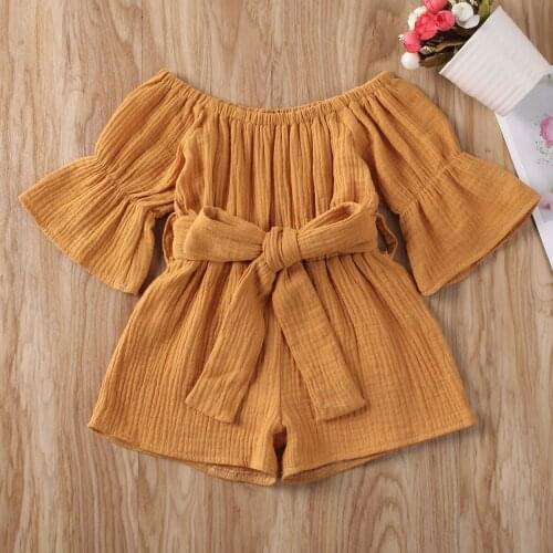 2020 Baby Summer Clothing Baby Girl Fashion Solid Off-shoulder Jumpsuit Toddler Trumpet Sleeve Waist Bandage Jumpsuits Shorts