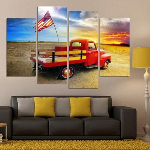 4 Piece American Flag On a Truck Pictures Canvas Prints Home Decoration for Living Room Oil Painting Print Cuadros No Frame