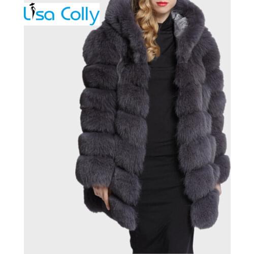 Lisa Colly High-Grade Fashion Women Winter Hooded Fake Fur Jackets Coats Artificial Fox Fur Coat Outwear Casual party overcoat