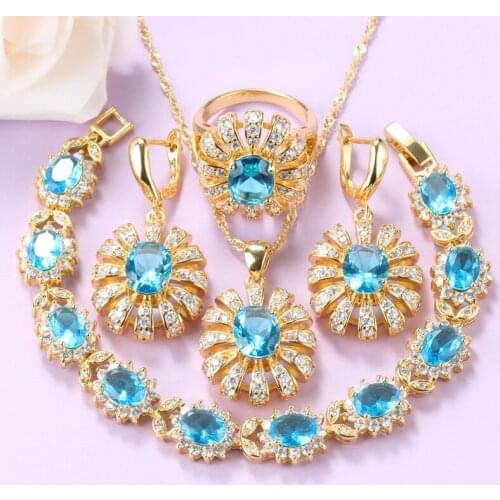 Young Women-Girl Fashion Costume Big Jewelry Sets Gold Color Flower Shape Earrings And Necklace Bracelet Ring 7-Color Sets