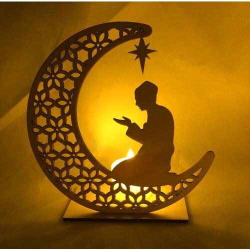 Muslim Islamic LED Night Light Wooden Eid Mubarak Moon Ramadan Lamp Home Eid Decorations Festival Supplies Warm White