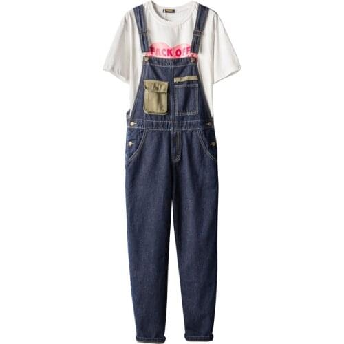 2021 Autumn Retro Bib Jeans Men Overalls Denim Jumpsuits Straight Patch Workwear Big Pocket Wide Leg Pants Blue Cowboy Trousers