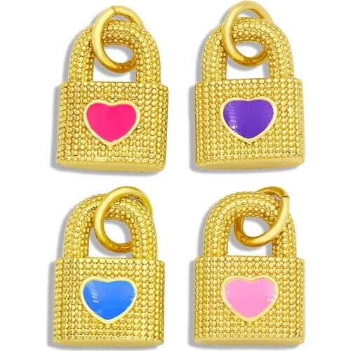 OCESRIO 18K Gold Plated Brass Padlock Necklace Charms for Jewelry Making Supplies Wholesale Candy Color Enamel Charms pdta329